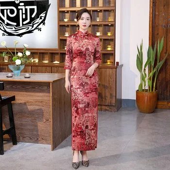 Karstā Pārdošanas Sievietes Viskozes Ilgi Qipao Sarkano Ķīniešu Stilā Formālu Kleita Vintage Elegants Ar Garām Piedurknēm Cheongsam