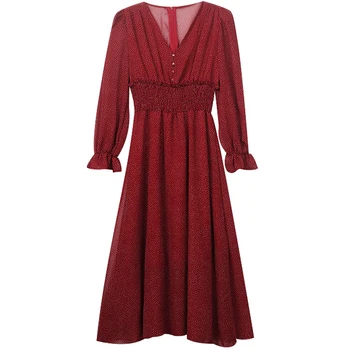 #0993 Black Red Ruffles Šifona Kleita Sievietēm Ploka Dot Midi Kleitu ar V veida Kakla Gadījuma-line Kleitas Dāmas Sexy Vestidos Plus Izmērs 4XL