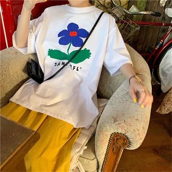2019. Gada Vasarā Jaunā Sieviešu Japāņu Saldu Ziedu Drukāt T-Krekls Gadījuma Brīvs O-Veida Kakla Īsām Piedurknēm Tees Plus Lieluma Sieviete Top