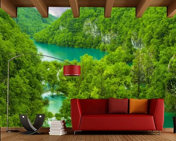 Papel de parede Ūdenskritums Plitvice Ezeri zaļā meža dabas 3d tapetes, sienas,dzīvojamā istaba, guļamistaba wall papers mājas dekoru