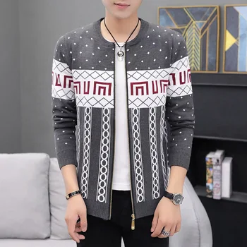 2020. gada Rudens & Ziemas Jauno korejas Vīriešu Apaļu Kakla Jaciņa Žakarda Džemperis Plus Lieluma Slim Vīriešu Modes Džemperis Mētelis Bezmaksas Piegāde