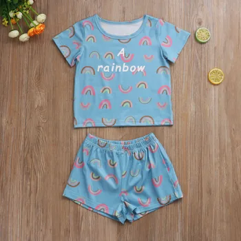 Summer Infant Baby Zēni Meitenes Sleepwear Pajama Komplekti Varavīksnes Drukas Īsām Piedurknēm Džemperis Topi, Šorti