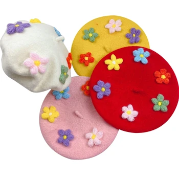 Toddler Meitenes Dome Berete, Cepure, Klasisks franču Stila Ziemas Mākslinieks Beanie Vāciņš ar Krāsainiem Ziediem 48-52cm