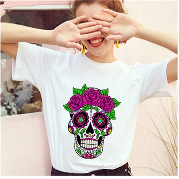 Smieklīgi galvaskausa punk T-krekls sieviešu modes gadījuma īsām piedurknēm drukāts māte drēbes AOWOF Rose puķu galvaskausu, māte T-krekls
