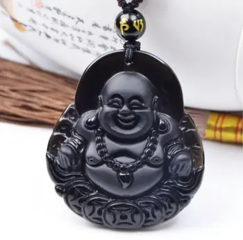 Dabas obsidian roku cirsts Budas laimīgs amuletu kulons Pērles kaklarota