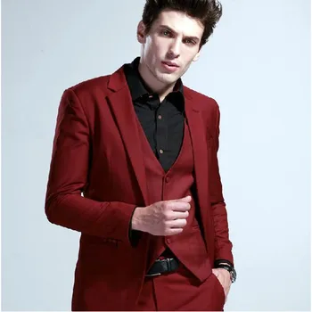 Augstas kvalitātes līgavainis kostīmi vīriešu atpūtas tērps 3 gabals līgavainis kāzu kleitu, kostīmu homme Vīna sarkans vīriešu kostīms ( jaka+Elsas+veste+kaklasaite)