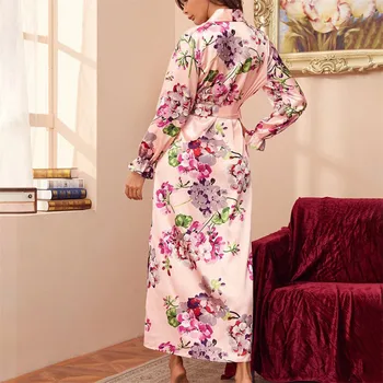 Modes Sievietes Elegants Ziedu Halāti Zīdaini Šifona Pidžamā Guļ Kleita Sexy V-veida kakla Mežģīnes up Ziedu Drukāt Ilgtermiņa Piedurknēm Sleepwear