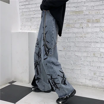 Modes Šiks Sieviete džinsi ar augstu starām. 2020. gadam zaudēt drukāt Grafiti sieviešu džinsa auduma garās bikses bikses vintage sieviešu džinsi