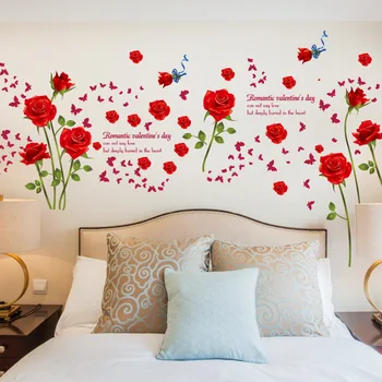 Romantiska sarkanu rožu guļamistaba, veranda dzīvojamā istaba, vannas istaba, TV fona apdare, sienas uzlīmes