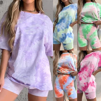 Gadījuma Tie Krāsošanas Divas Gabals, kas atbilstības Komplekti Sieviešu Sporta Apģērbs ar Īsām Piedurknēm Lielgabarīta T-krekls Un Šorti Set Suits