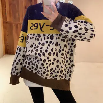 Leopards drukāt līmēšana vintage džemperis sieviešu ziemas jauno zaudēt slinks iekšējo uzstādīšana trikotāžas ārvalstu stila jaka