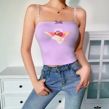 Cute angel drukāt kultūraugu top sievietes spageti siksnas cami vasaras sexy gadījuma violeta streetwear topi 2020. gadam, modes veste