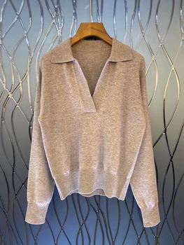 2020. gada rudens un ziemas jauno sieviešu atloks, V-izgriezums pulovers tīrtoņa krāsu garām piedurknēm savvaļas džemperis 1228