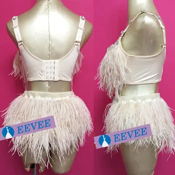 Bārs sieviešu kārtas dziedātāja DJDS kostīmi gogo darbības apģērbu sexy bikini strausu spalvas mirdzošs Rhinestone posmā bikini komplekts