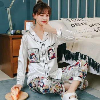 2020. gada Vasaras Rudens Zīda Satīna Komiksu Drukāt Pidžamas Komplekti Sievietēm ar garām Piedurknēm Sleepwear Uzvalks Pidžamas Homewear Pijama Mujer Drēbes