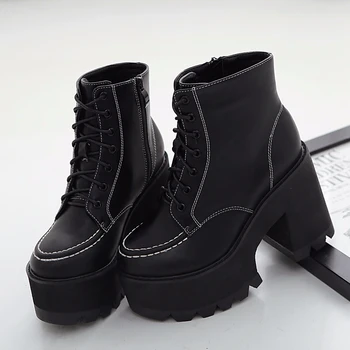 Gothic Black Zeķes Platformas Zābaki Sieviešu Kurpes Sieviete Zābaki Modes Kārtā Ādas Potītes Zābaki 