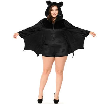 Halloween Black Bat Kostīms Ar Spārniem Pieaugušām Sievietēm Gothic Samta Kapuci Bodysuit Dzīvnieku Cosplay Apģērbs Dāmas Plus Lieluma