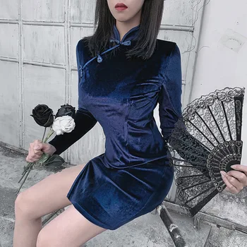 Vakara Pusei Sieviete Bodycon Kleita Vasaras Vintage Apģērbu Cheongsam Kroku Kleitas Kokvilnas Gadījuma Long Sleeve Mini Seksīgs Apģērbs