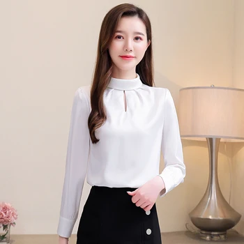 Korejas Modes Zīda Sieviešu Blūzes Eleganta Sieviete Satīna Krekls Plus Lieluma Sieviete Ar Garām Piedurknēm Cietā Blūze Krekli Blusas Mujer De Moda