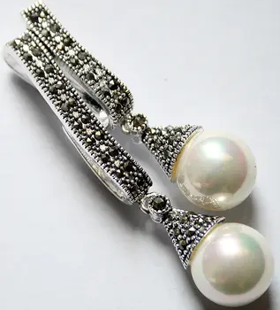 925 bijoux lv argent Mārciņa marcassite deux 12 mm blanc Shell perle pendentif kristāla 58 * 20 mm