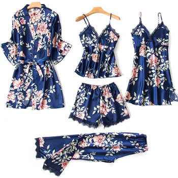 Drukāt Zieds Naktsveļu Kimono Drēbes Kleita Satīna Sieviešu 5GAB Nighty&Drēbes Uzvalku Sleepwear Seksīgas Mājas Drēbes Nightdress Naktskrekls
