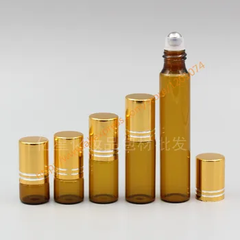 1ml/2 ml/3ml/5ml/10 ml brūna Stikla Pudelē(garš kakls) Ar nerūsējošā navi+zelta, alumīnija vāks,roll-on/smaržas/dezodoranta pudeli