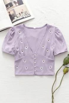 Karstā stila little Daisy izšuvumi īsām piedurknēm T-krekls sieviešu ins sieviešu vasaras valkāt sexy V violeta