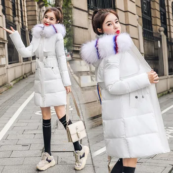 Ziemas mētelis sievietēm korejas gadījuma vienkrāsainu lielas kažokādas apkakles kokvilnas jaka vidēja garuma slim un plānas kokvilnas mētelis femme manteau