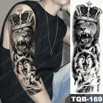 Lielu Roku Piedurknēm Tetovējums Lion Crown Vilks Karalis Ūdensnecaurlaidīgus Pagaidu Tatto Uzlīmes, Rožu Pulkstenis Karavīrs Body Art Pilna Viltus Tetovējums