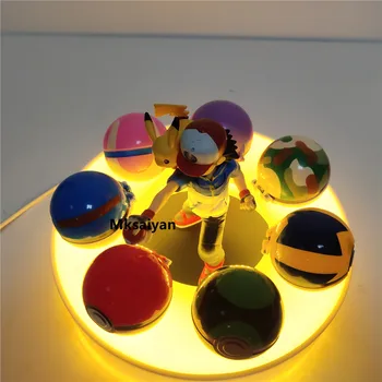 Pokemon Kule Bumbu Ash Ketchum Pikachu Anime Skaitļi Nakts Gaismu Komplekts DIY LED Rīcības Figma Bērniem Lelle Spēle Galda Lampa Modelis Attēlā
