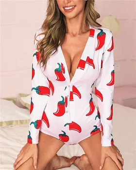Sievietēm ar garām Piedurknēm Bodysuit Lūpu Print Single Krūtīm, Seksīgu Dziļu V veida Kakla Vasaras Apģērbu Gadījuma Sleepwear S M L XL 2XL