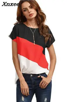 Vasaras T-krekls gadījuma sievietes raibs šifona topi O-veida kakla krekls ar īsām piedurknēm, sieviešu topi Xnxee