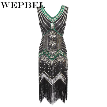 WEPBEL Great Gatsby Kleita Sequin Kleita Sievietēm Vintage Kleita 1920 Flapper Kleitu Balli Pušķis Hem Kleita