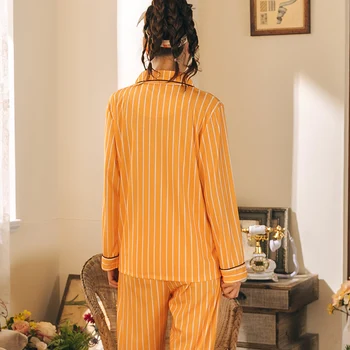 Rudens Adīti Kokvilnas Karikatūra Sieviešu Sleepwear Tērpi Striped Pajamas ar garām Piedurknēm Savukārt Apkakle Jaka Plus Lieluma Pijamas