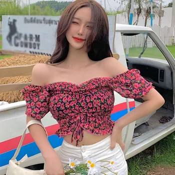 Šifona Kreklu Sieviešu Sexy Slash Kakla korejas Blūzes Top Ziedu Modes Camisa Vasaras Nabas Siksna Puff Sleeve Sieviešu Blusas
