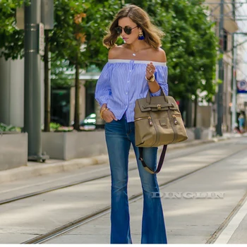 2018 Modes Ikdienas Modē, Sievietes, Dāmas ar garām Piedurknēm Pie Pleca Topi Slash Kaklu Svītraina Zilā Slim t-veida, Izmērs S-XL