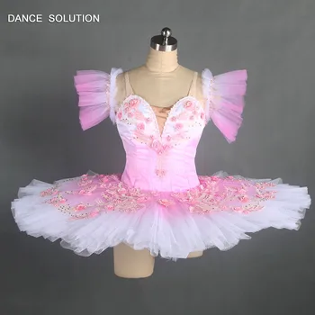 Profesionālās Skatuves Kostīms Rozā Baleta Tutu 10 Slāņi, Balts Tills Plate Meitenes Kleita Ar Ziedu Appliques B17047