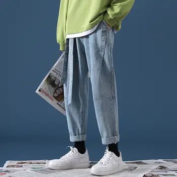 Rudens Taisni Džinsi Vīriešu Modes vienkrāsainu Gadījuma Retro Džinsi Vīriešu Streetwear Savvaļas Zaudēt Hip-hop Jostas Džinsa Bikses Vīriešu