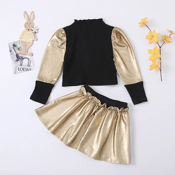 Modes Rudenī Bērni Meiteņu Apģērbu Komplekti Ilgi Puff Piedurknēm Adīt Džemperi, Topi Cieta-Line Mini Svārki 1-8Y