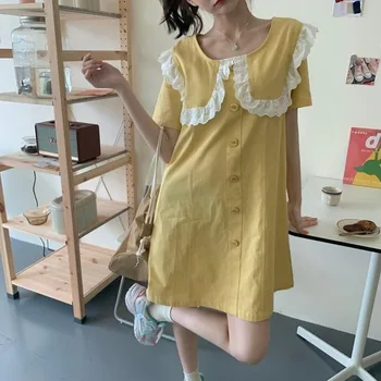 Ar īsām Piedurknēm Kleita Sievietēm Peter Pan Apkakli-line Pogu Pasaku Cute Salds Japāņu Stilā Dienas Auduma Modes Stilīgs Streetwear