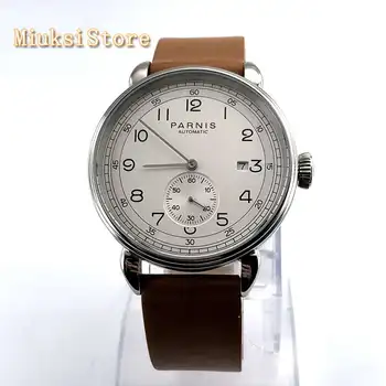 42mm top zīmolu Parnis vīriešu jaunu mehāniskās skatīties silver lietā white dial datums ādas automātiskā modes dāvanu pulksteņi 2961
