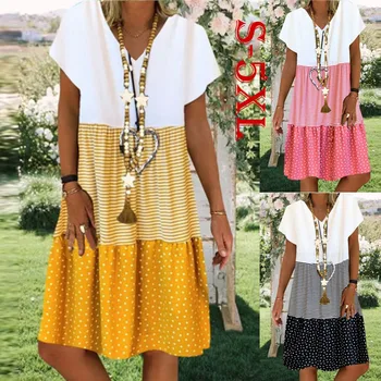 Modes Svītrainām Dot Printed Kleita Plus Lieluma Vasaras Kleitas Brīvdienu Gadījuma Zaudēt Vienkārša Kleita bez Piedurknēm, Sieviešu Apģērbi S-5XL