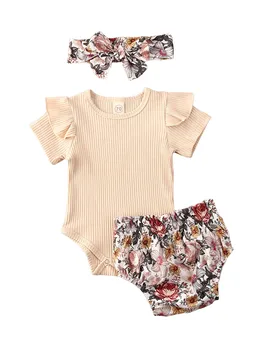 0-24M Jaundzimušo Bērnu, Meiteņu un Zēnu Apģērbu Komplekti 3pcs Ruffles Piedurknēm Cieto Romper Topi+Ziedu Bikses+Galvas stīpa