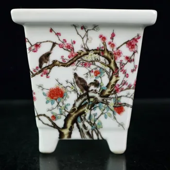 Četriem kvadrātveida puķu podu ar famille rožu un putnu modeļus par veco Ķīniešu porcelāna,
