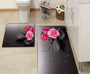 Cits Rozā Rozēm Melnā Akmens Krāsas Rozes Ziedi 3d Print Non Slip Microfiber 2 gabals Vannas Paklājiņu komplekts Vannas istaba 90x60cm 50x60cm