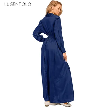 Lugentolo Sieviešu Eleganta Kleita Vakariņas Modes Musulmaņu V-veida kakla Jauno Arābu garām Piedurknēm Pogas Brīvs Dress Lady Vienkārši Maxi Kleitas