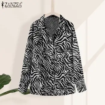 ZANZEA Modes Zebra Blūzes Gadījuma Pavasara garām Piedurknēm Topi, Sieviešu Streetwear Pogu Sieviešu Krekls Ir 2021. Šiks Atloks Blusa Oversize