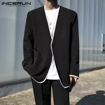 INCERUN Modes Vīrieši Bleizeri korejiešu Style Long Sleeve Atloks Uzvalks Cilvēks Daudzām Kabatām Mēteļi Gadījuma Plānas Pogas Žakete Plus Lieluma