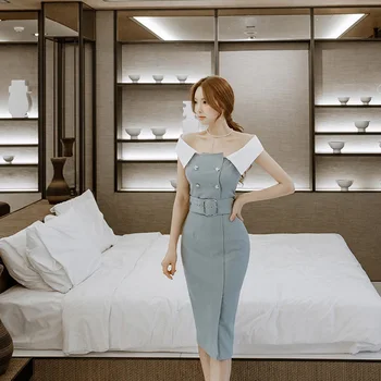 CBAFU korejiešu stilā, biroja dāma darba kleita sievietēm pogas, seksīga, elegants puse kleita bez piedurknēm sieviešu bodycon vestidos jostas D432