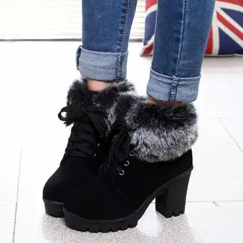 Potītes zābaki sieviešu kurpes 2020. gadam cietā laukumā augstpapēžu kurpes ziemas apavi sievietēm, mežģīnes-up, sniega zābaki, dāmas apavus, siltu plīša sieviešu ziemas zābaki